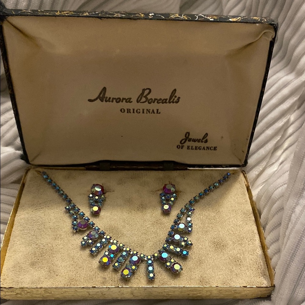 Vintage 1950s Aurora Borealis necklace and earrings